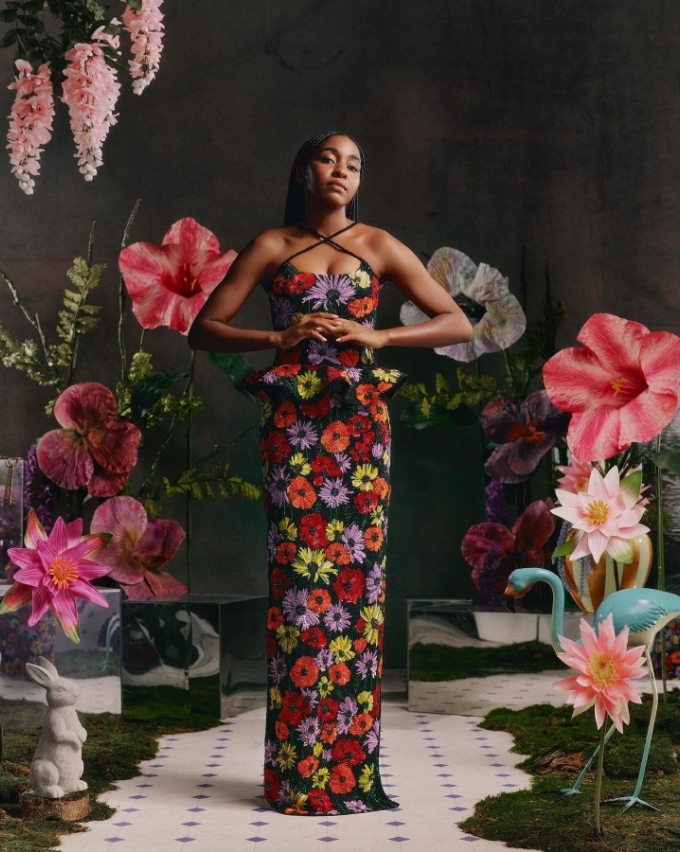 floral dress lady model with flower backdrop