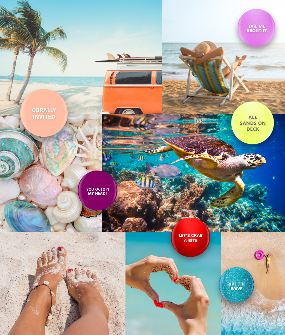 Summertime Mosaic Gallery with Fun Beach Activities and Ambience also includes color swatches for the collection shades 'Corally Invited', 'You Octopi My Heart', 'All Sands On Deck', 'Let's Crab A Bite', and 'Ride The Wave'